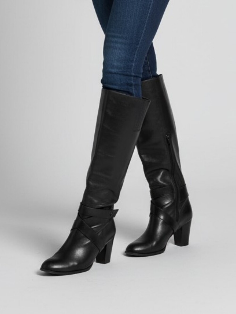 Ellen Tracy Black Leather Over-the-Knee Boots with Wrap Strap Detail